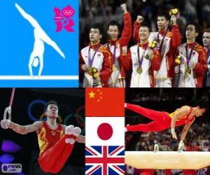 yapboz Jimnastik erkekler takım tüm podyum, Çin, Japonya ve Amerika Birleşik Devletleri - Londra 2012-